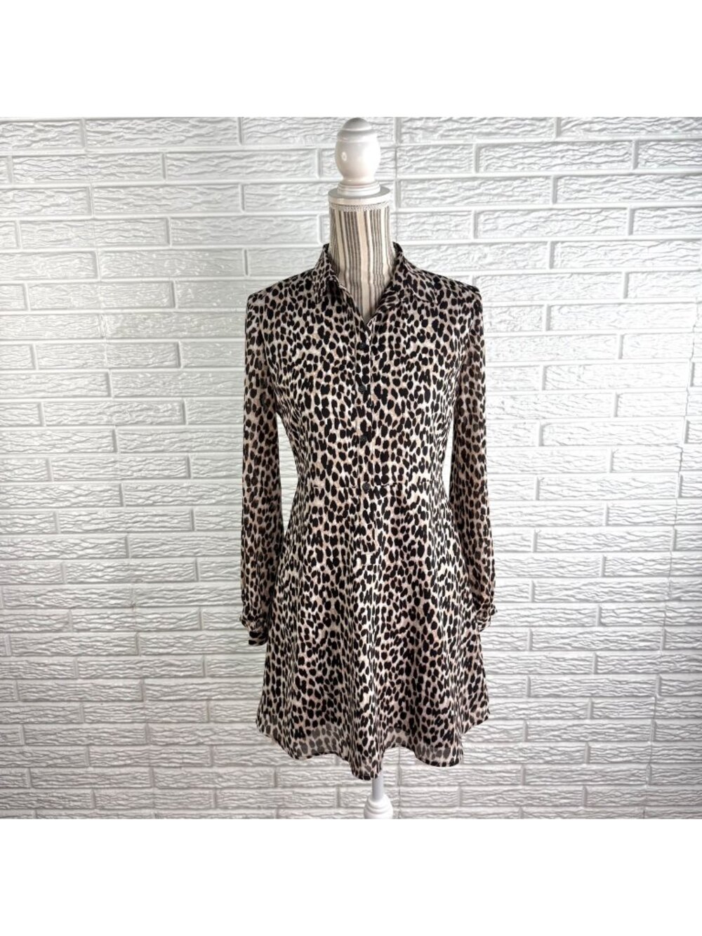 Loft Leopard Print Long Sleeve Collared Mini Shirt Dress Size 2P Petite NWT